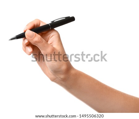 Young woman holding pen on white background, closeup Royalty-Free Stock Photo #1495506320