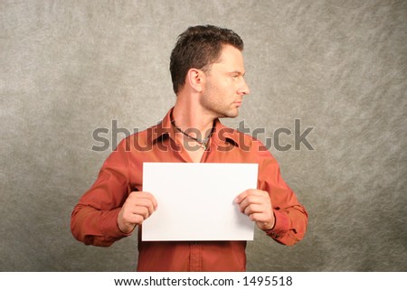 white man with blank card  - right profile