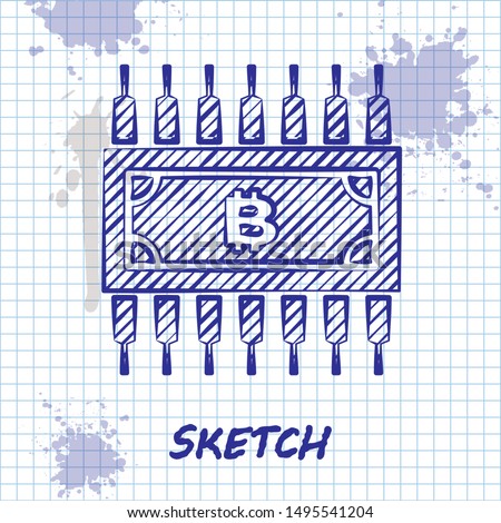 Sketch line Cryptocurrency bitcoin in circle with microchip circuit icon isolated on white background. Blockchain technology, digital money market.  Vector Illustration