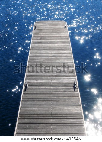 Portrait photo of wooden jetty in calm water.
