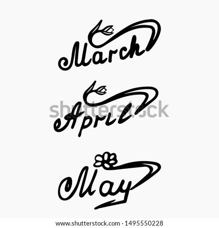 Handwritten inscriptions for the names of the spring months of the year in black on a white isolated background. Seasons Banner Design