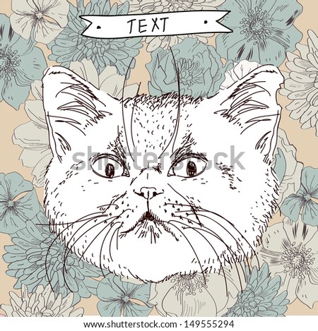 Illustration of cat on floral background in vector