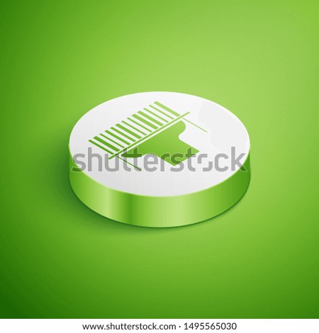 Isometric Scanner scanning bar code icon isolated on green background. Barcode label sticker. Identification for delivery with bars. White circle button. Vector Illustration