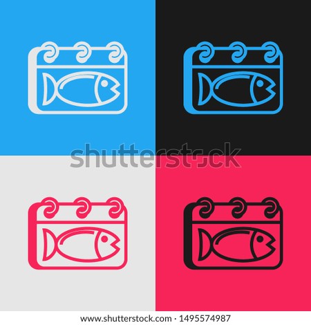Color line Calendar with a fish icon isolated on color background. Day of fish. Vintage style drawing. Vector Illustration