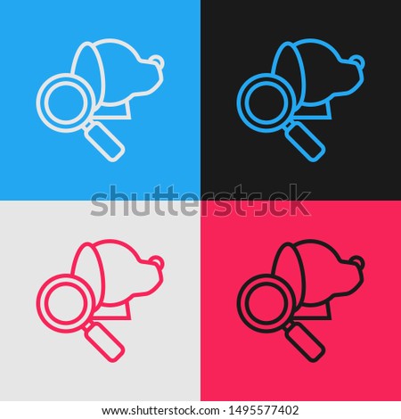 Color line Veterinary clinic symbol icon isolated on color background. Magnifying glass with dog veterinary care. Pet First Aid sign. Vintage style drawing. Vector Illustration