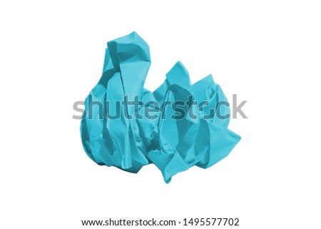 Blue wrinkled paper isolated on white background.