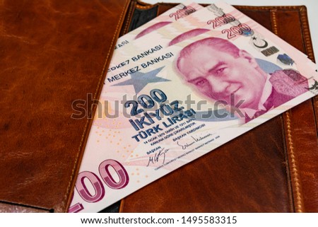 close up turkish lira banknotes in wallet  