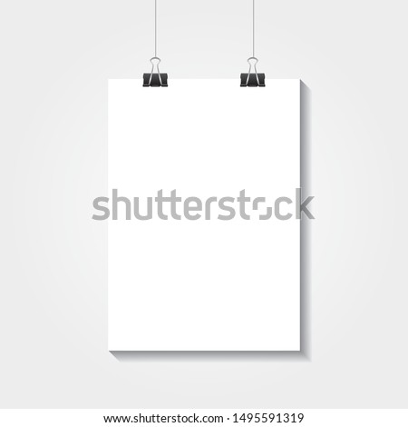 Realistic vector white blank A4 paper poster hanging on a rope with clip