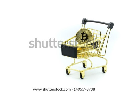 Bitcoins with credit card and money dollars of shopping cart,Online shopping concept.
