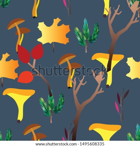Autumn vector seamless pattern with berries, acorns, pine, mushrooms, branches and leaves. Fall colorful background. Fashion, fabric and prints, wrapping paper.