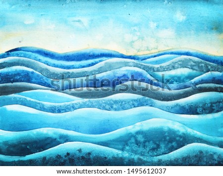 Sea waves, blue watercolor splashes