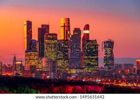 City downtown with skyscrapers at sunset