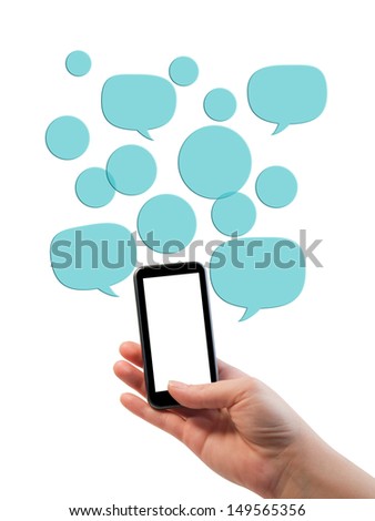 Promotional business template./Hand holding cell/mobile phone,with white clean display. Light blue transparent empty bubbles/buttons floating above it.