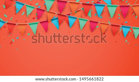 Celebrate horizontal orange  banner composed with party flags with confetti. Vector illustration.
 Royalty-Free Stock Photo #1495661822