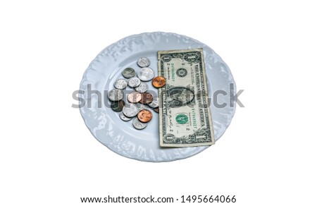 One dollar lying on the plate isolated on white background. No money photo. Poor people idea. Small salary and pension not enough for food. Social problems. Quarantine, economy crisis, unemployment.