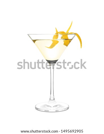 Glass of lemon drop martini cocktail  with zest on white background