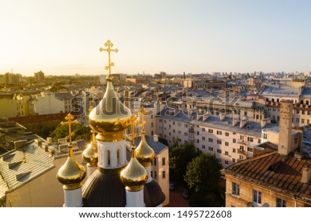 aerial view old city church evening cityscape