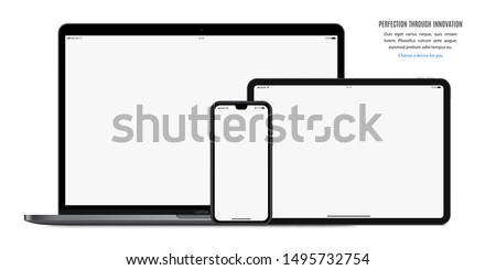 smartphone, tablet and laptop set  with blank screen saver isolated on white background. realistic and detailed devices mockup. stock vector illustration Royalty-Free Stock Photo #1495732754