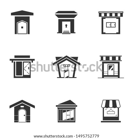 Set of black and white bungalow icon. Monochrome shop building. House modern style, vector illustration