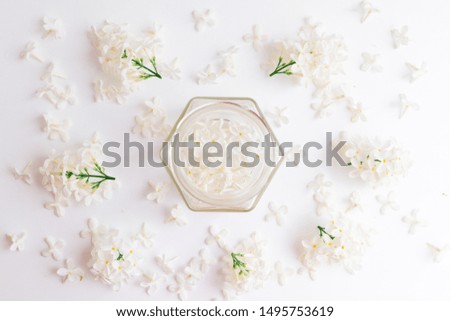 white flowers of bird-cherry tree in a transparent glass jar on a white background