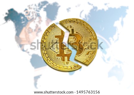 crack bitcoin over map background, creative image for cryptocurrency or bitcoin  concept.