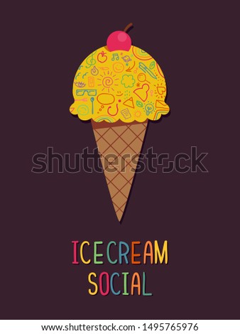 Illustration of an Ice Cream Social Poster Design with Ice Cream on Cone and Doodles