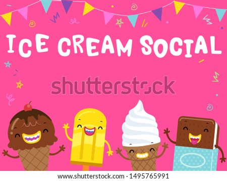 Background Illustration of Different Ice Cream Mascots with Ice Cream Social