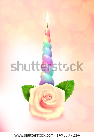 Unicorn Rainbow Horn with rose flower, horn-shaped colored candle on a pink background. Fantasy concept. Vector