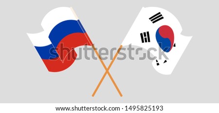 Crossed and waving flags of Russia and South Korea. Vector illustration
