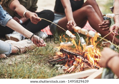 Cropped photo. Group of people have picnic on the beach. Friends have fun at weekend time.