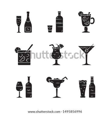 Drinks glyph icons set. Alcohol drinks card. Champagne, vodka, hot toddy, wine, beer, cocktail in lowball glass, martini, margarita, pina colada. Silhouette symbols. Vector isolated illustration
