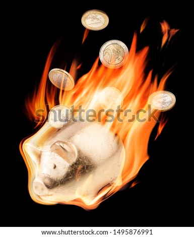 Burning money box and euro coins in flames on the black background. Conceptual photo.