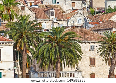 City Scape. City Background, Backdrop. Europe. Red Roofs. Hvar. Croatia. High quality stock photo.