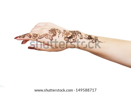 Image detail of henna being applied to hand isolated over whit