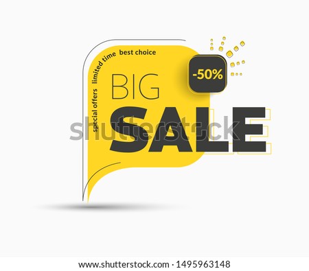 Design of square vector banner with rounded corners on the leg for mega big sales. Yellow tag templates with special offers for purchase, strokes and elements. Royalty-Free Stock Photo #1495963148
