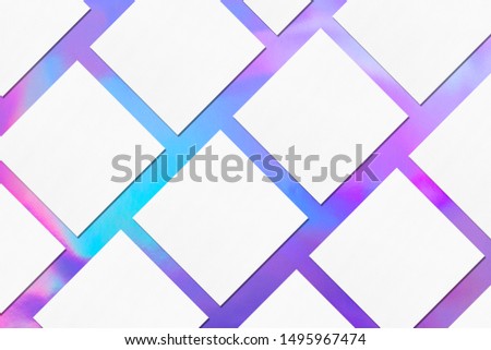 Empty white square business card mockups with soft shadows lying diagonally on holographic background. Flat lay, top view. Open composition.