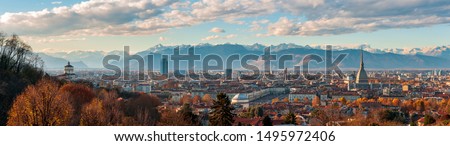 Autumn panorama of the city of Turin (Torino), Piedmont, Italy with the surrounding Alps mountains Royalty-Free Stock Photo #1495972406