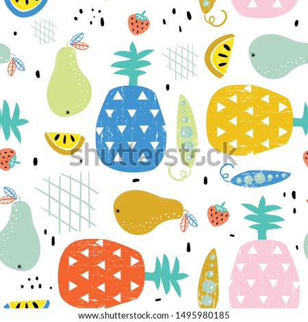 fruits and vegetables seamless pattern. Hand drawn vector illustration.  background. Fashion design. Food print for clothes, kitchen tablecloth, curtain or dishcloth
