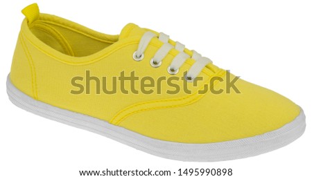 Casual sport yellow shoes for men, women and children isolated on white background