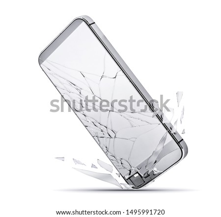 Close up of smartphone drop to the ground, broken glass screen isolated on a white background. Damaged mobile phone, cracked modern touch screen. Electronics repair service, accident insurance concept