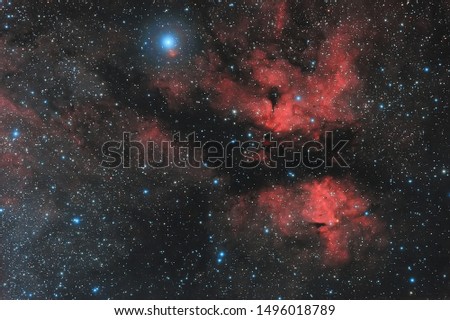 Abstract background with space image. Cosmic nebulae, stars glow in space in red. Photo with a long exposure. Red nebula in outer space. Big bang in space. IC 1318