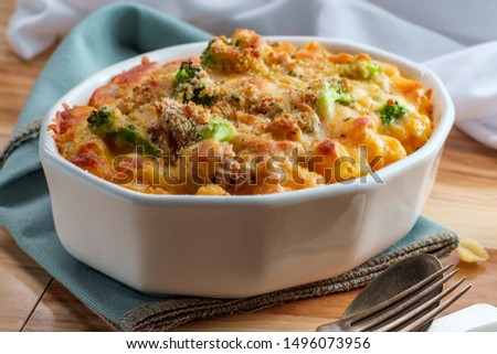 Baked American tuna fish casserole with broccoli and cheese Royalty-Free Stock Photo #1496073956