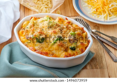Baked American tuna fish casserole with broccoli and cheese Royalty-Free Stock Photo #1496073959