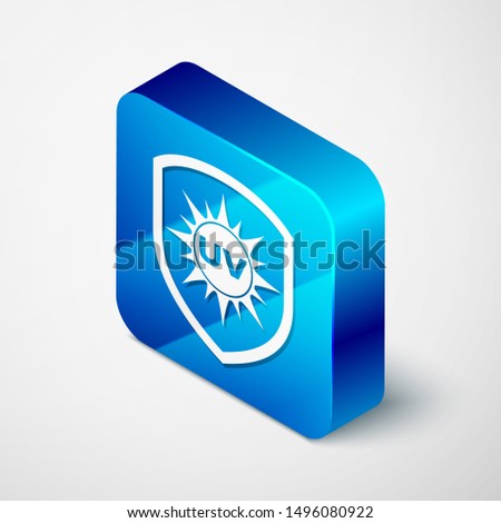 Isometric UV protection icon isolated on white background. Ultra violet rays radiation. SPF sun sign. Blue square button