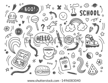 Set of hand drawn doodle elements,arrows,stars,symbols,office or school objects and stationery.Funny black and white doodle background.Vector clip art