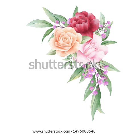 Watercolor flowers arrangements decorative. Floral illustration of red roses, peonies, leaf, bud, and branches. Wedding invitation or greeting cards border composition