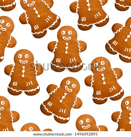 Gingerbread men Seamless pattern Many traditional Christmas gingerbreads on a white background