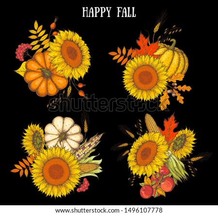 Autumn bouquets collection bouquet. Thanksgiving design template. Hello autumn illustration. Harvest festival. Hand drawn illustration with fall leaves, pumpkin, sunflower, corn. Vector illustration