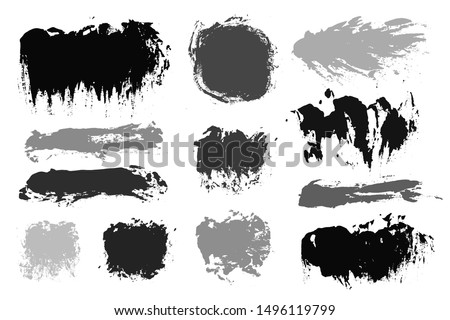 Brush strokes. Vector paintbrush set. Grunge design elements. Rectangle text boxes. Round speech bubbles. Thin dirty distress texture banners. Ink splatters. Grungy painted badges.