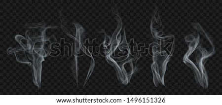 Set of realistic transparent smoke or steam in white and gray colors, for use on dark background. Transparency only in vector format Royalty-Free Stock Photo #1496151326
